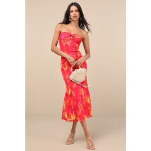 NWT Lulus Islay Hot Pink Floral Abstract Mesh Strapless Midi Dress Cruise Sz XL